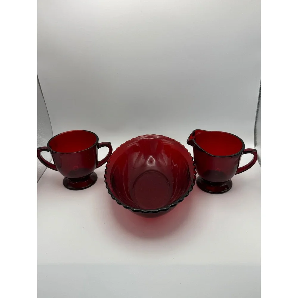 Vintage Ruby Red Glass Creamer Sugar Set and Scalloped Oval Serving Bowl 3pc